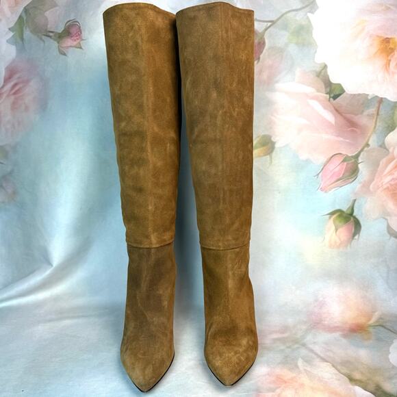 Neil J. Rodgers Camel Suede Leather Pointed Toe Knee High Pull On Heeled Boots - Picture 2 of 10